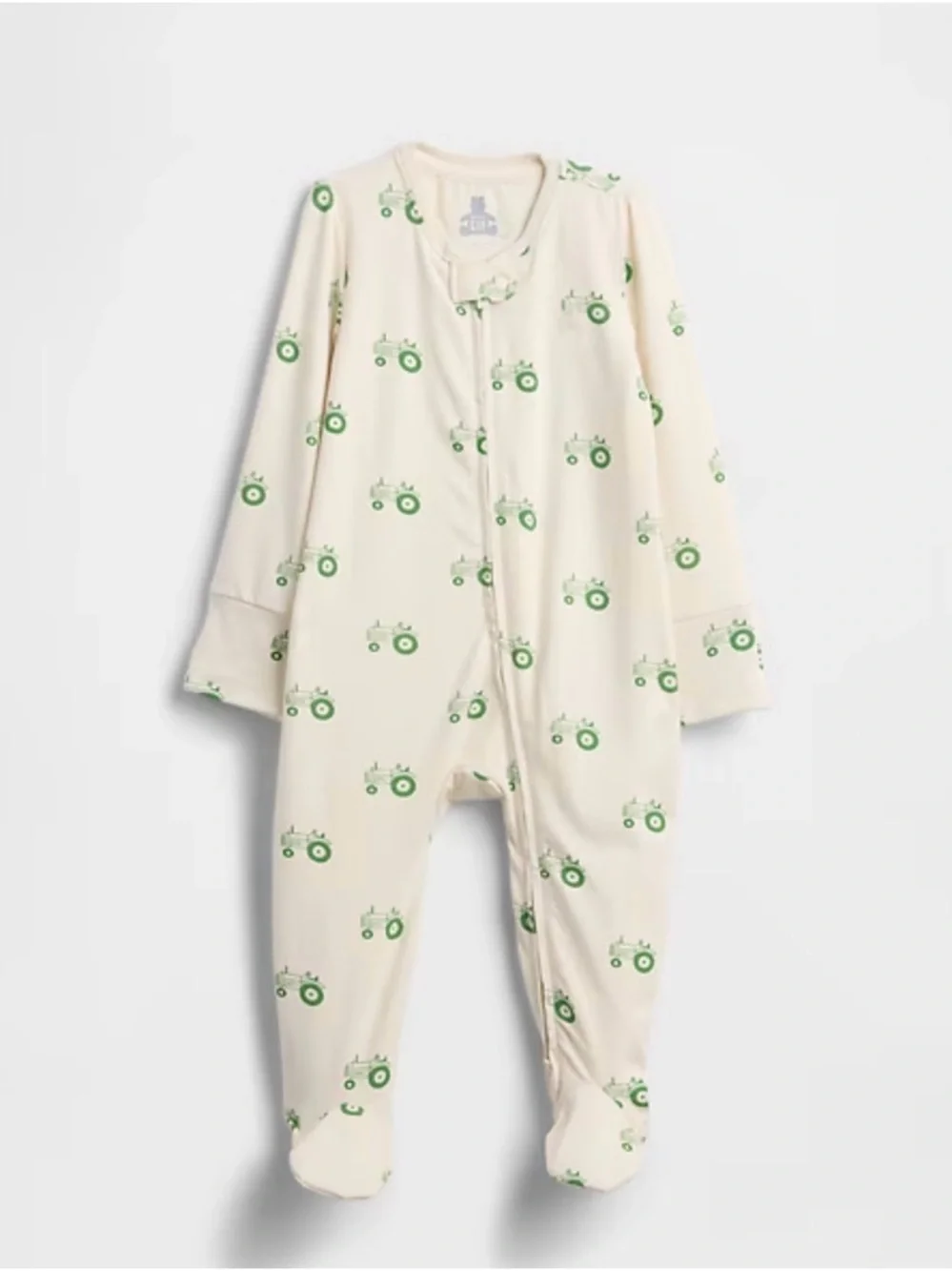 GAP Cream Footed One-Piece with Green Tractor Print